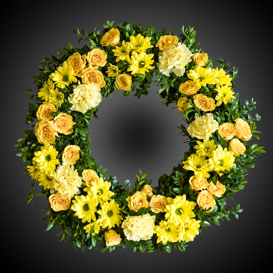 coroana funerara galbena rotunda cu crizantema, garoafa, trandafir, ruscus